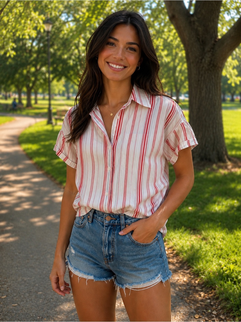 Madewell Red & White Striped Short Sleeve Button Down Shirt - size Small!